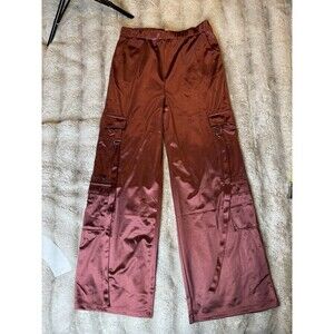 Persaya Women’s Satin Cargo Pants Wide Leg Y2K Streetwear Brown Size L